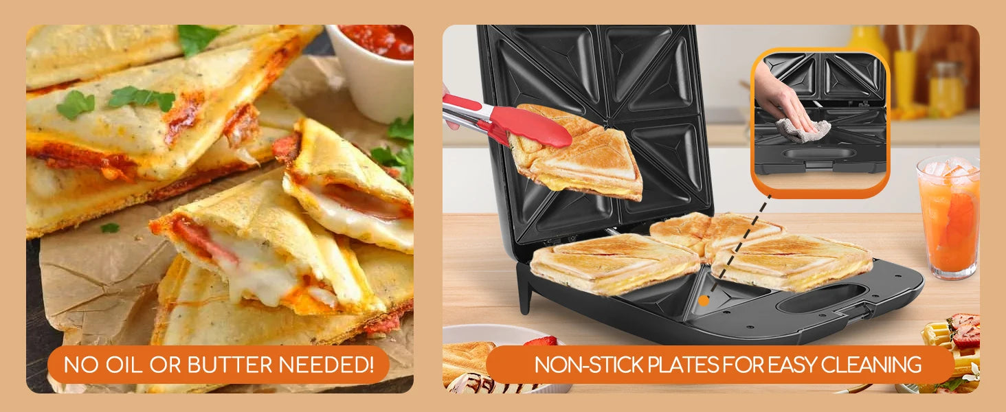Sandwichera XXL para 4 sándwiches, revestimiento antiadherente, calentamiento rápido, indicador LED, libre de BPA, 1400 W