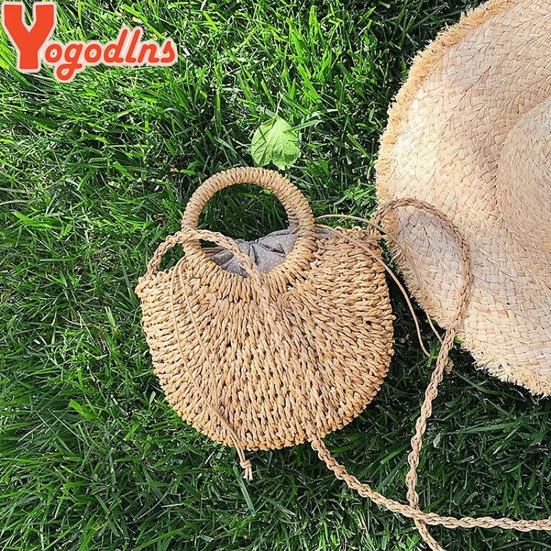 Bolso de paja tejido de ratán semicircular hecho a mano Yogodlns, bolso bandolera de verano para mujer, bolso pequeño de playa para niñas, nuevo.