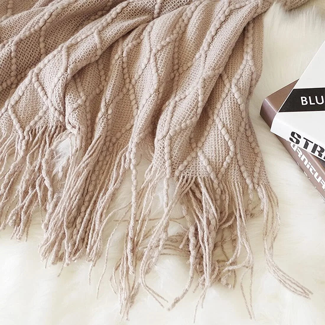 Mantas nórdicas de punto con borlas, color caqui, crema y gris, estilo vintage, ideales para cama, sofá o sillón. Funda de cama extragrande.