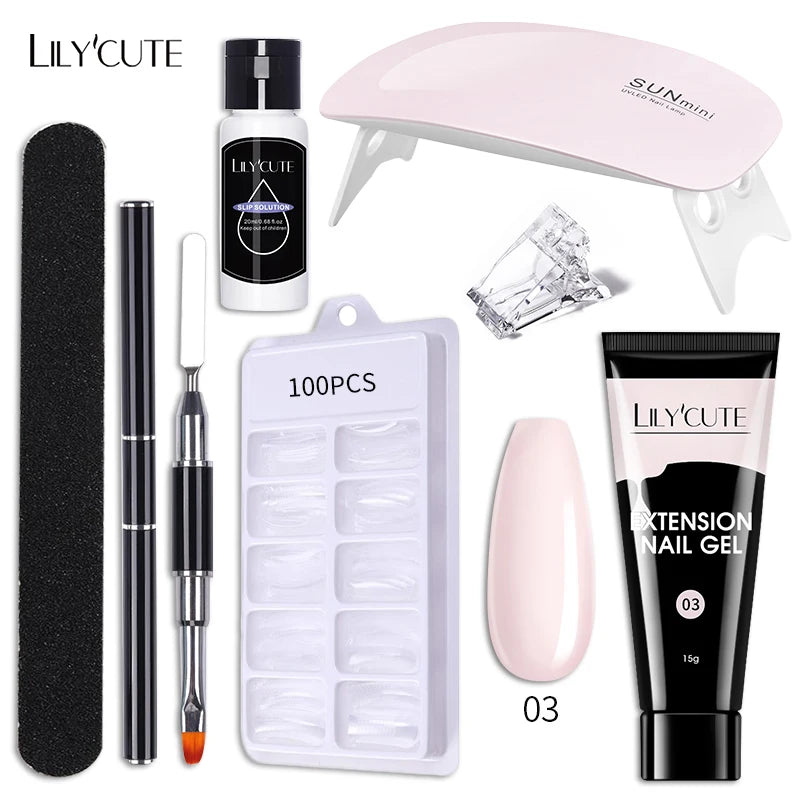 Kit de gel para extensión de uñas LILYCUTE de 15 ml, solución acrílica, esmalte en gel con lámpara para uñas para una rápida extensión, gel UV para uñas.