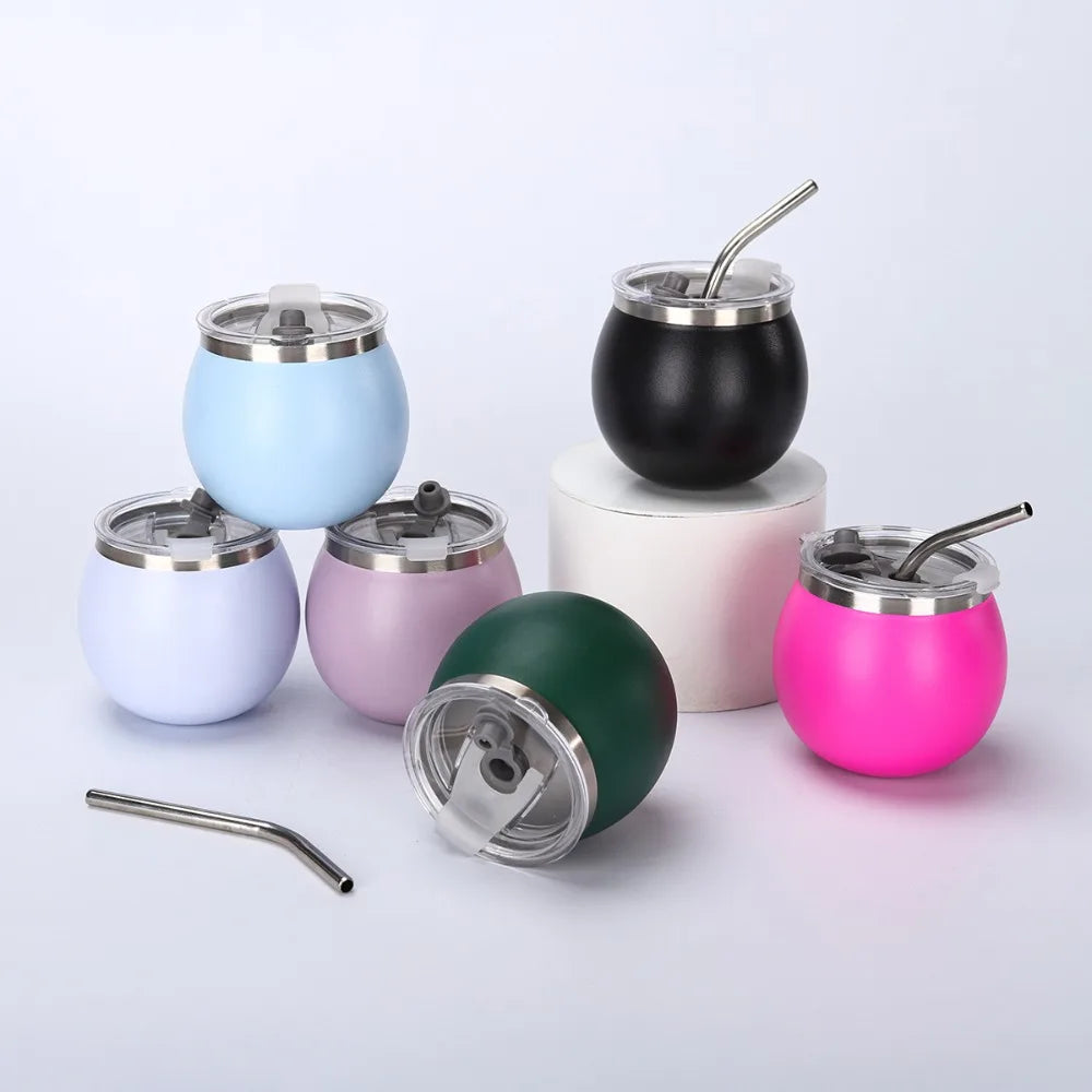 Mate argentino de doble pared de 148 ml (5 oz) de acero inoxidable con aislamiento térmico, pajita y tapa. Ideal para exteriores.