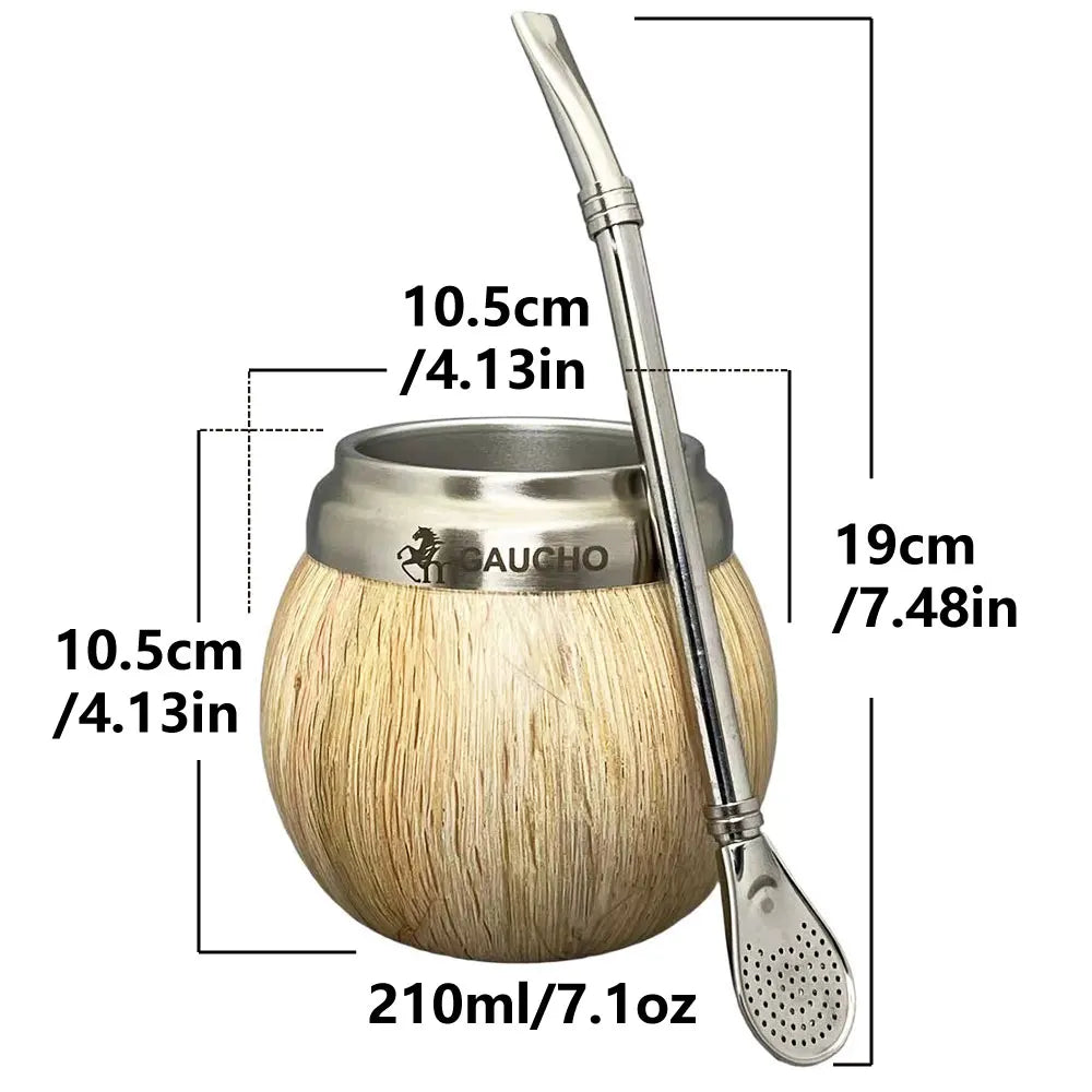 Juego de mate Gaucho Yerba Mate de acero inoxidable con forma de calabaza, 210 ml, aislamiento térmico, filtro extraíble, pajita, bombilla y cepillo de limpieza.