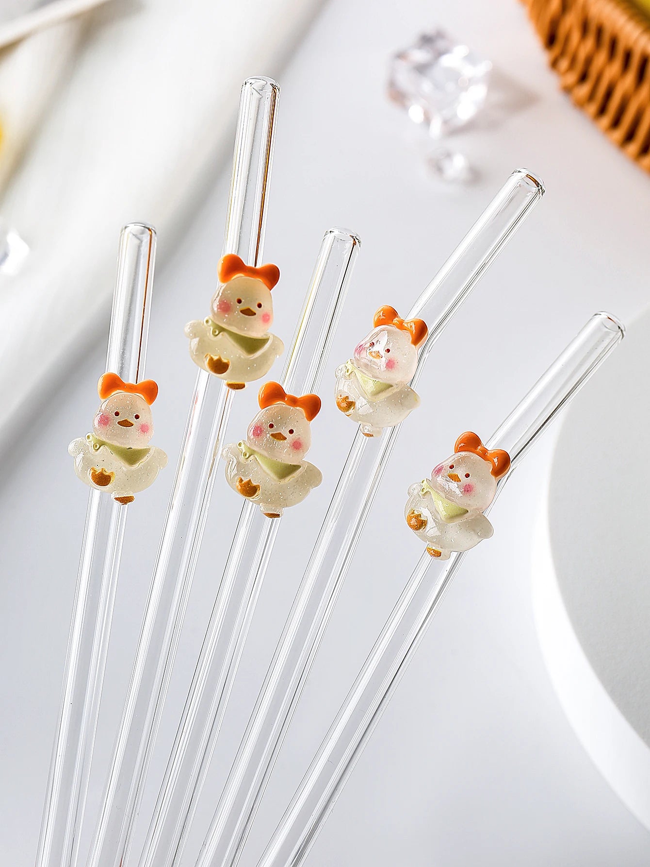 Pajita de vidrio curvada transparente, diseño de pato alegre de dibujos animados, ideal para batidos, té de frutas, agua con burbujas y cócteles. Regalo perfecto.