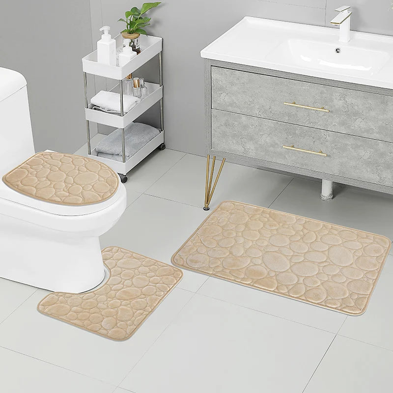 Juego de tres piezas: 1 juego de alfombras de baño sencillas, absorbentes de agua y antideslizantes con estampado de piedra, de color liso, cómodas y suaves.