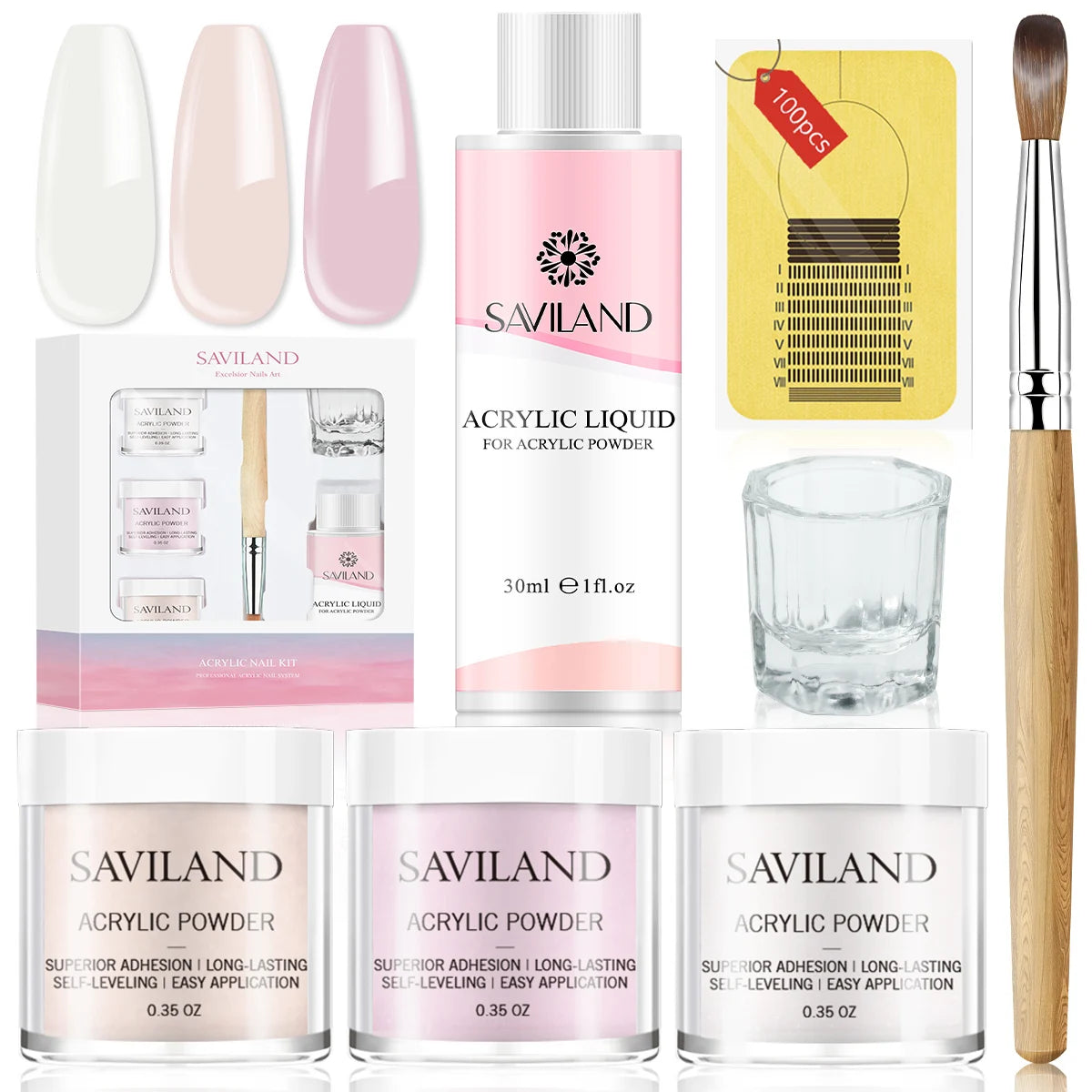 Kit de uñas acrílicas Saviland, 3 colores: rosa, nude, transparente, polvo líquido, con pincel, moldes y recipiente para extensiones de uñas y manicuras.