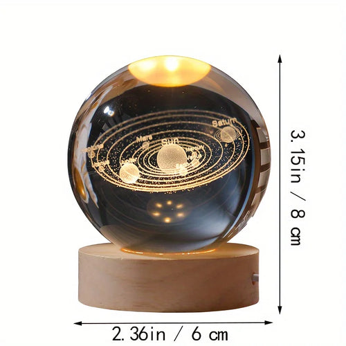 1 Pc Bola de Cristal de 6 cm Lámpara Nocturna Planeta Grabado con Láser Regalo de Cumpleaños Esfera de Vidrio Decoración de Escritorio para el Hogar con Base de Madera y USB