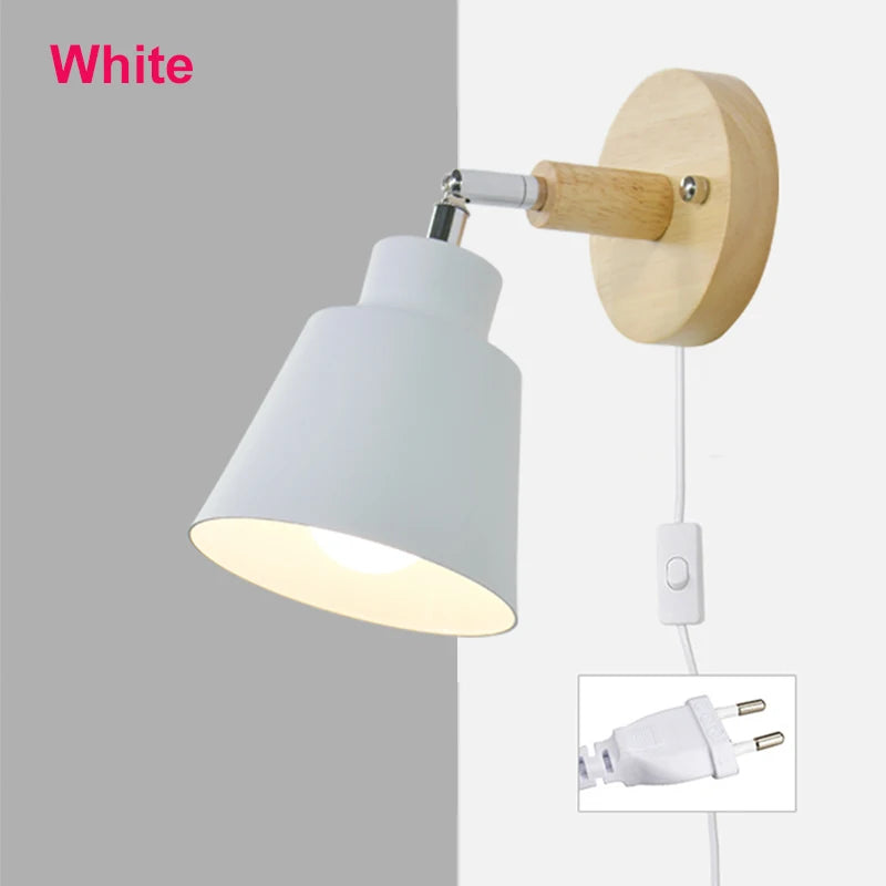 Aplique de pared nórdico para interiores, bricolaje, E27, madera, 6 colores, enchufe EU/UL, 350°, lámparas de pared para sala de estar, dormitorio, pasillo, apliques.