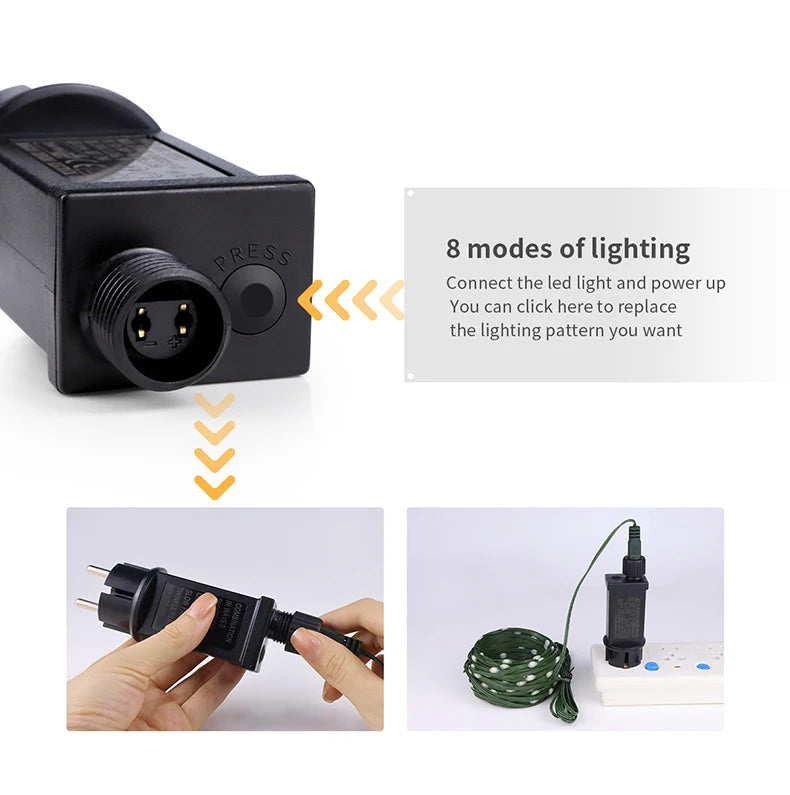 Guirnalda de luces LED de alta calidad con cable de goma, 100 m, 800 LED, 8 modos, 220 V/110 V, para exteriores, jardín, patio, césped y decoración navideña.