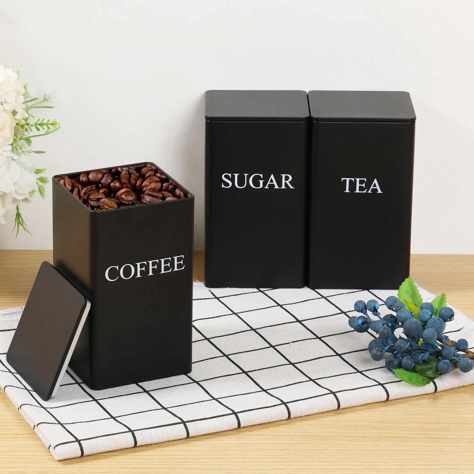 3 botes de almacenamiento para granos de café, té y azúcar, con cierre hermético al vacío. Botes de hierro para cocina con tapa hermética.