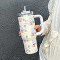Vaso térmico de acero inoxidable con aislamiento al vacío de 900 ml con estampado floral y pajita, ideal para mantener las bebidas frías. Regalo de cumpleaños para mujeres.