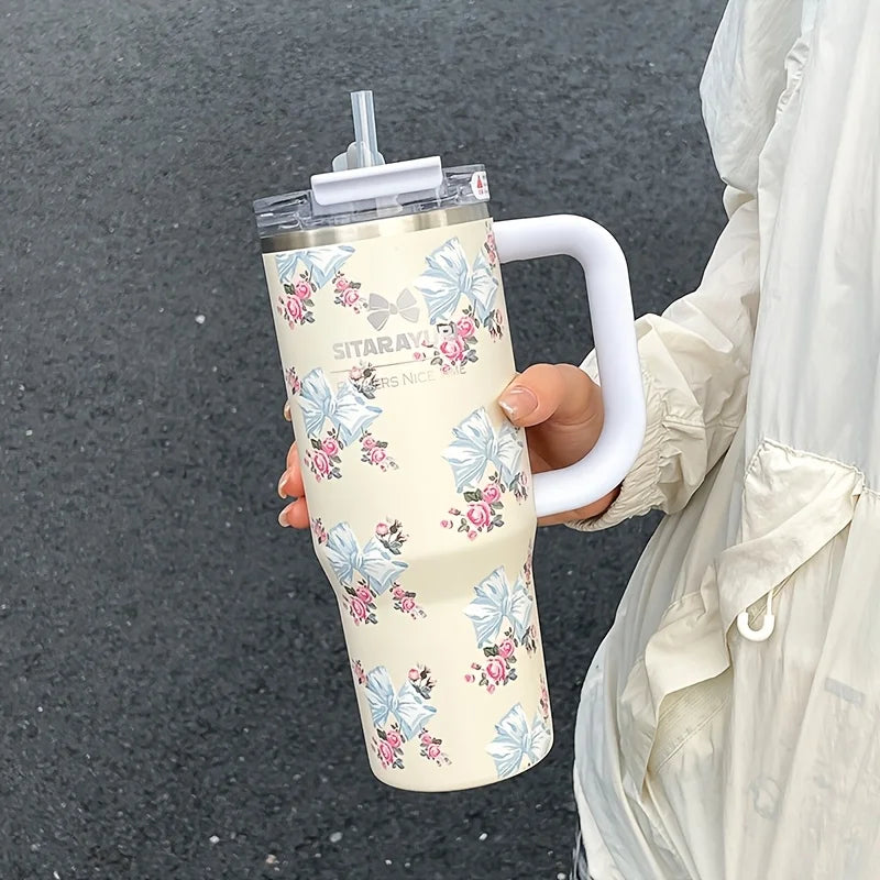 Vaso térmico de acero inoxidable con aislamiento al vacío de 900 ml con estampado floral y pajita, ideal para mantener las bebidas frías. Regalo de cumpleaños para mujeres.