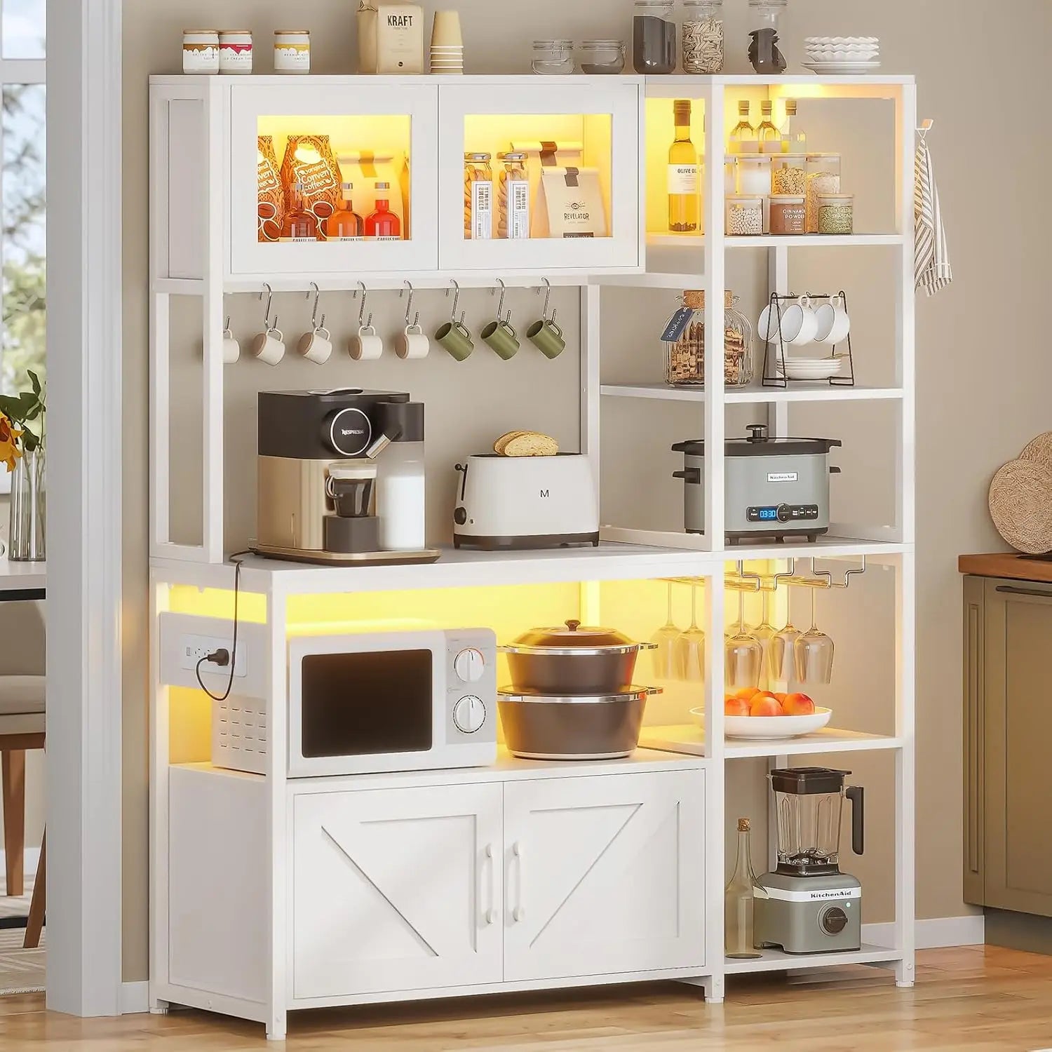 45.3 Inch Farmhouse Bakers Rack, Coffee Bar Cabinet with Power Outlet, LED Light & Microwave Storage
