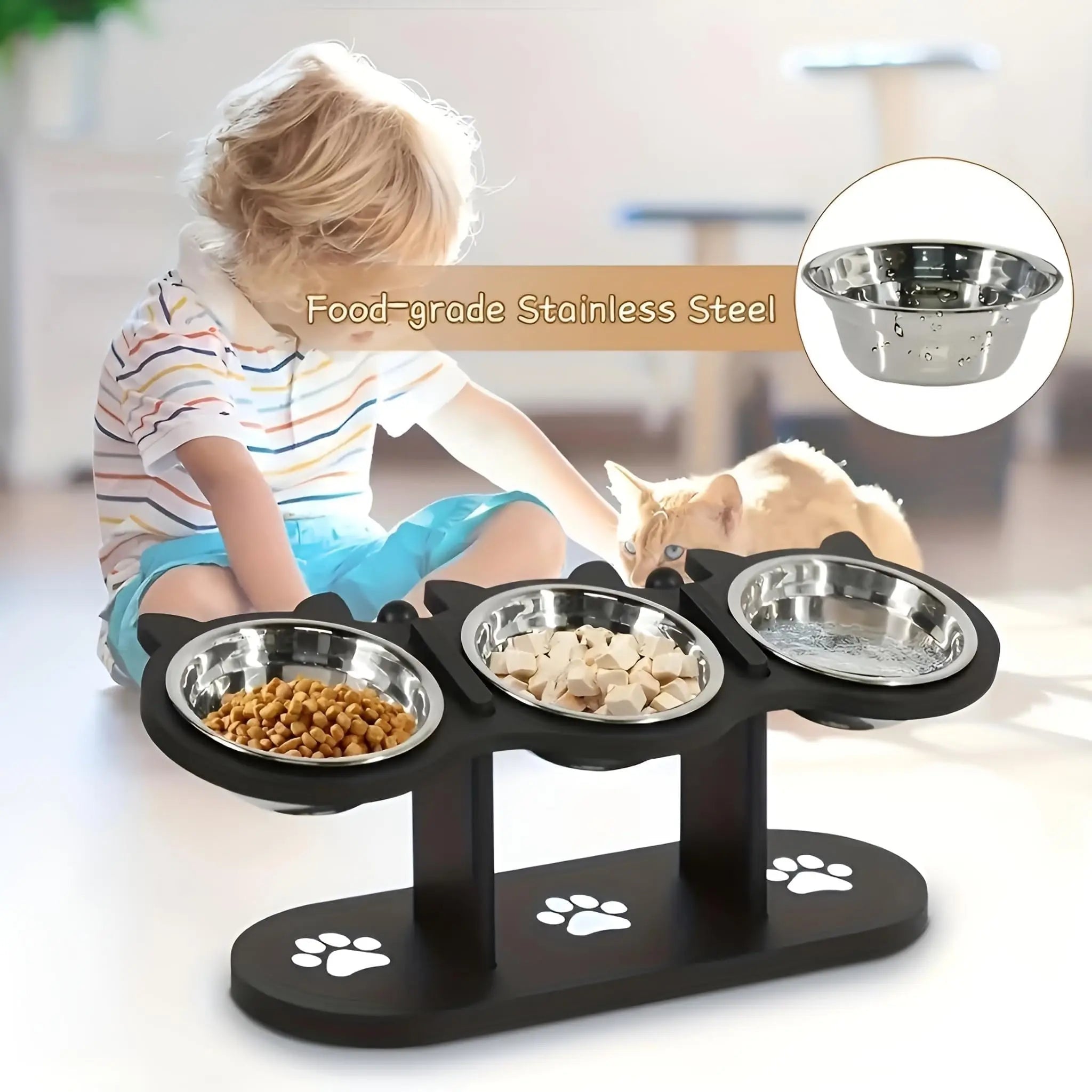 Comedero elevado para gatos con estructura de soporte de madera negra, cuencos de acero inoxidable para gatos, soporte inclinado de 15°, suministros para alimentación y agua.