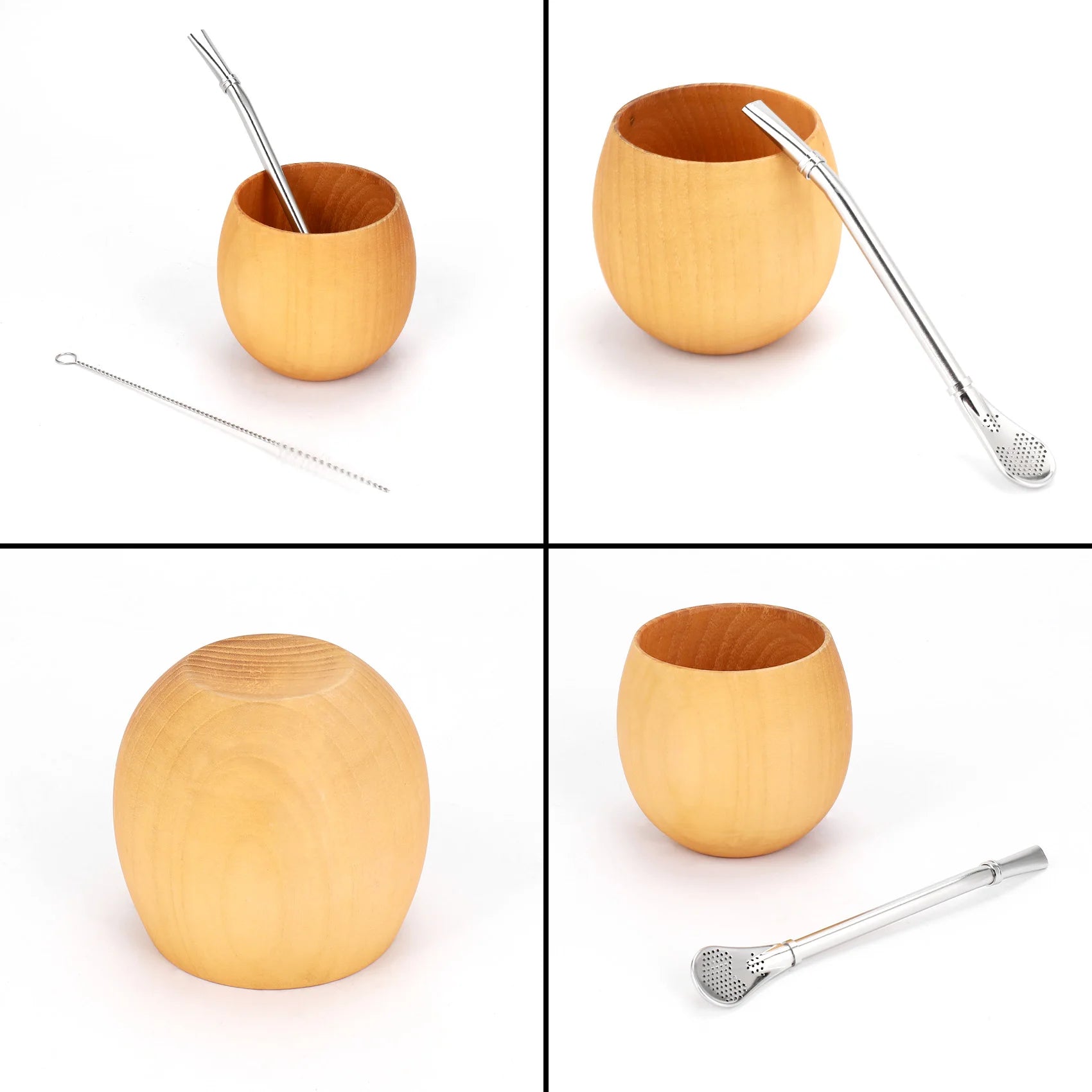 Juego de mate de madera para yerba mate, hecho a mano con madera natural, taza de café mate con cuchara, pajita, bombilla y cepillo, 200 ml (ligero).