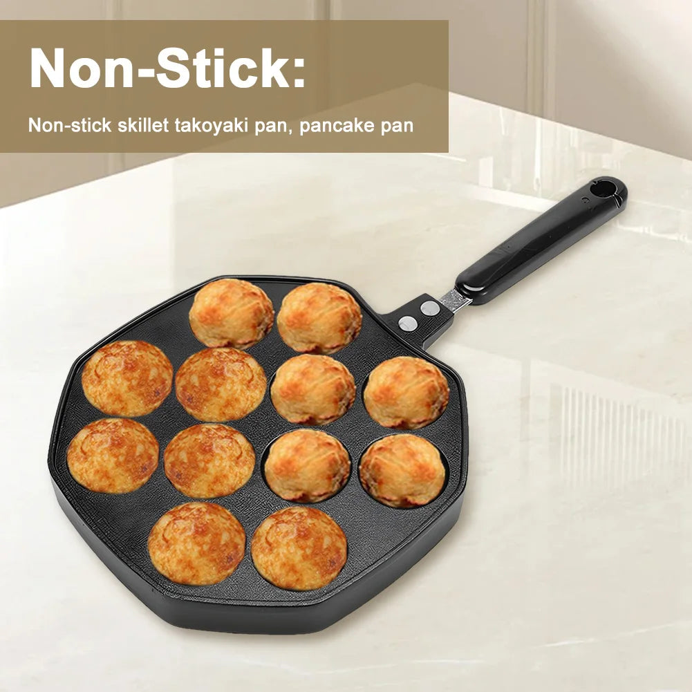 Sartén para takoyaki con 12 moldes, sartén antiadherente de aleación de aluminio para hacer takoyaki, ideal para preparar bolas de pulpo y panqueques.
