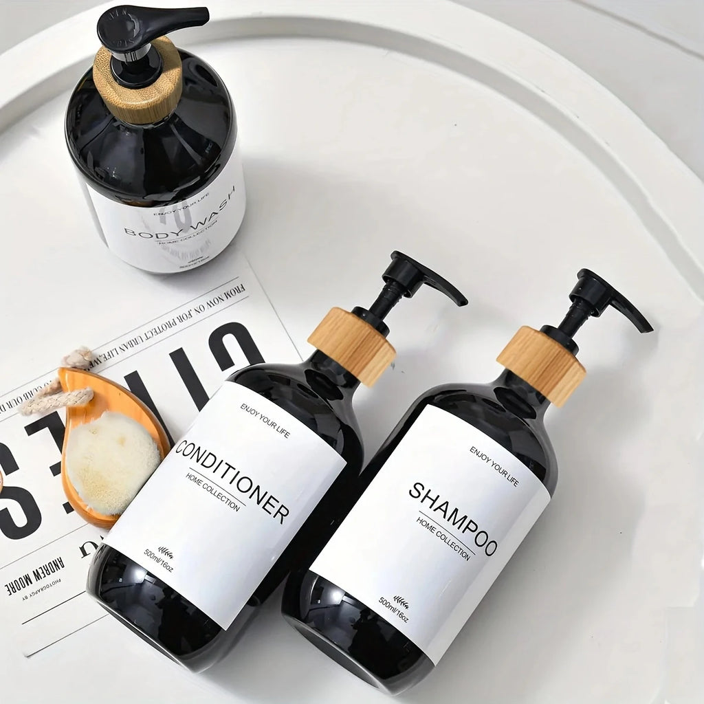 Juego de dispensadores de champú para baño de 500 ml, botellas de acondicionador y gel de ducha recargables, dispensador con decoración rústica, botellas de almacenamiento.