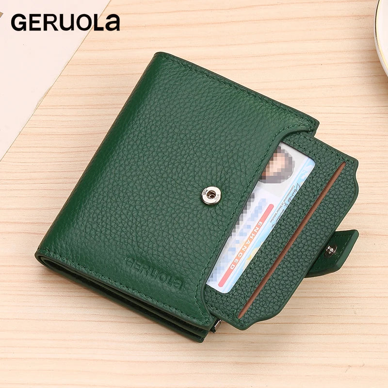 Cartera multifuncional antirrobo RFID de tres pliegues y múltiples pliegues de cuero genuino de vaca con cierre magnético y cierre antimanipulación.