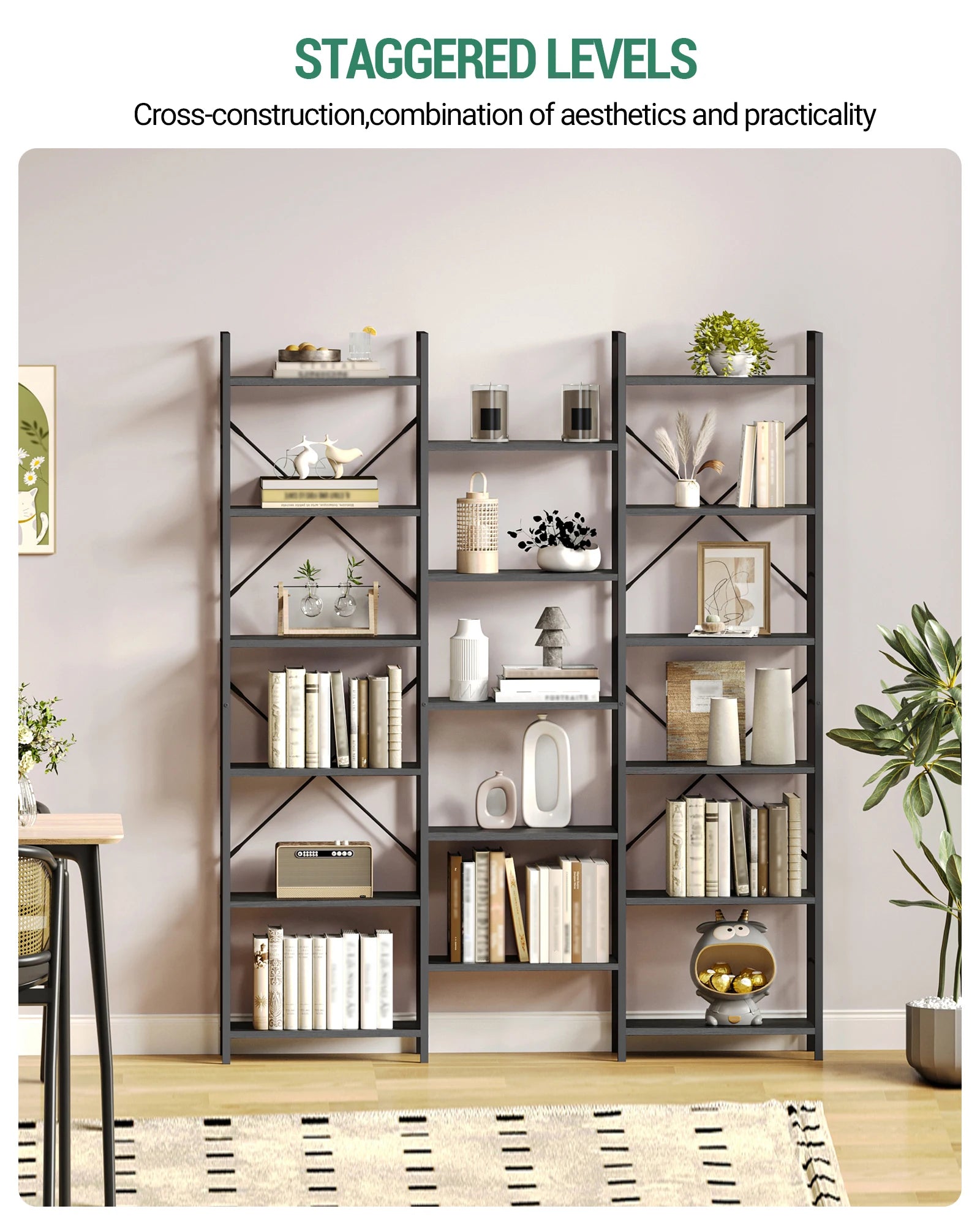 Librería, estantería de pie con 17 estantes, espaciado ajustable, estantería para libros con estructura metálica, para sala de estar o dormitorio.
