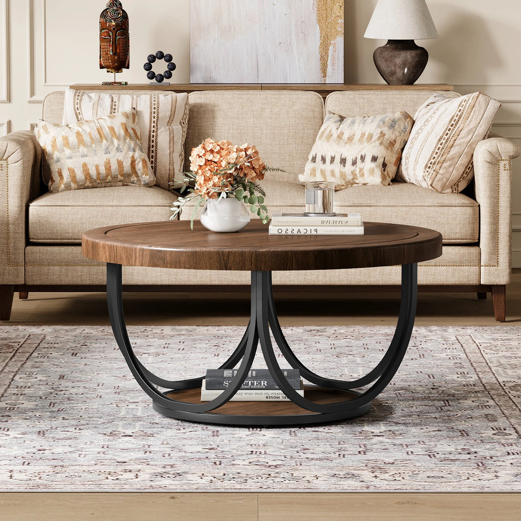 Tribesigns Round Coffee Table with 2 Tiers, 80 cm Wooden Circle Accent Cocktail Table with Storage Shelf and Metal Frame