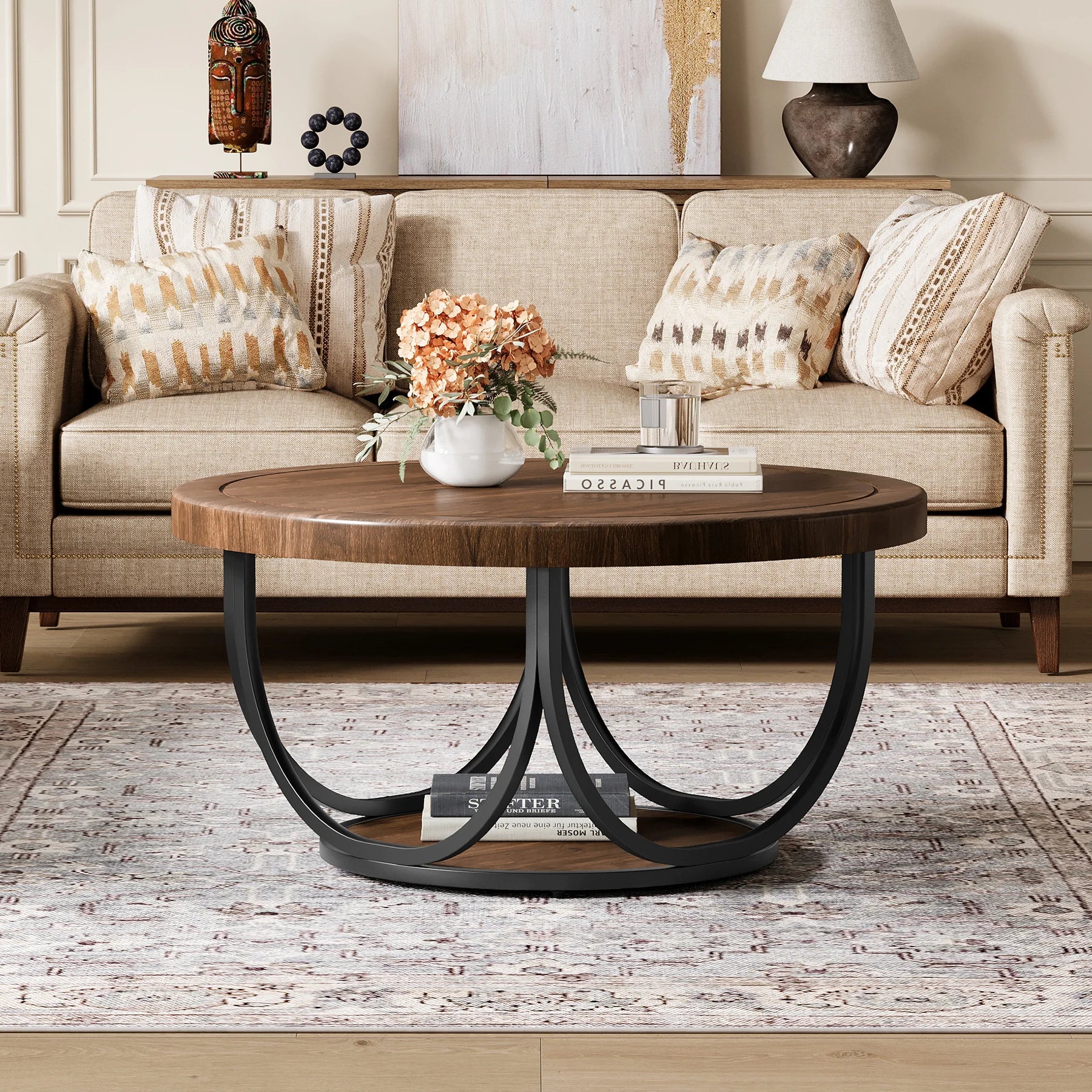 Tribesigns Round Coffee Table with 2 Tiers, 80 cm Wooden Circle Accent Cocktail Table with Storage Shelf and Metal Frame