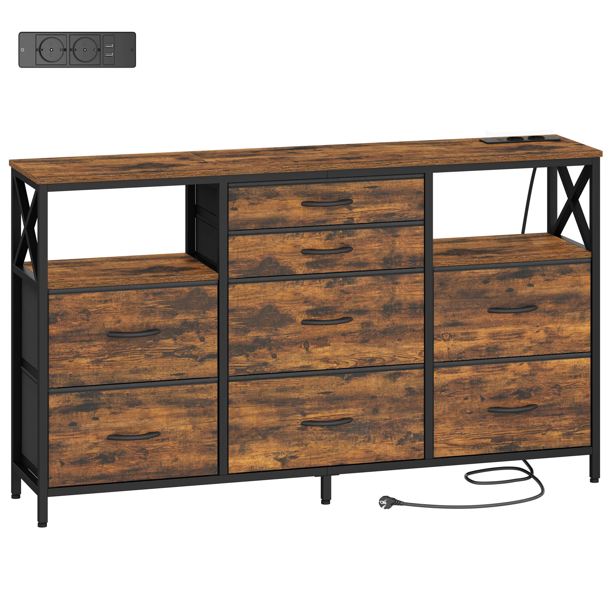 Chest of Drawers 140 cm,2 USB & 2 AC Ports,with 8 Drawers Made of Fabric, Versatile Storage Furniture for Living,Bedroom,Vintage