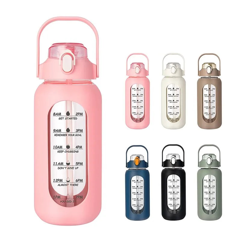 Botella de vidrio nueva de 946 ml/1656 ml/1892 ml (modelo 2024) con funda de silicona para pajita y marcador de tiempo. Ideal para camping, hogar, oficina y gimnasio.