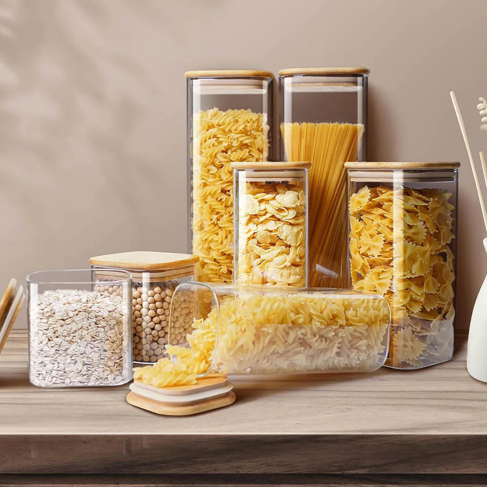 Tarros de vidrio cuadrados con tapa de bambú para almacenar granos de café, cereales, fideos y otros alimentos. Organizadores de cocina.