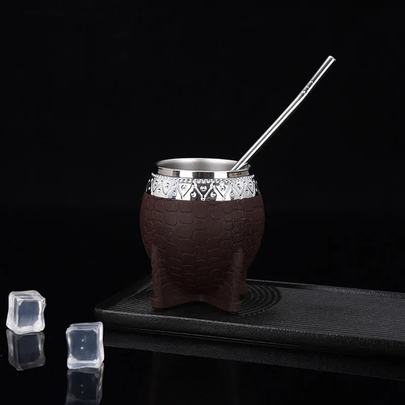 Mate de acero inoxidable de doble capa con pajita, textura de caparazón de tortuga