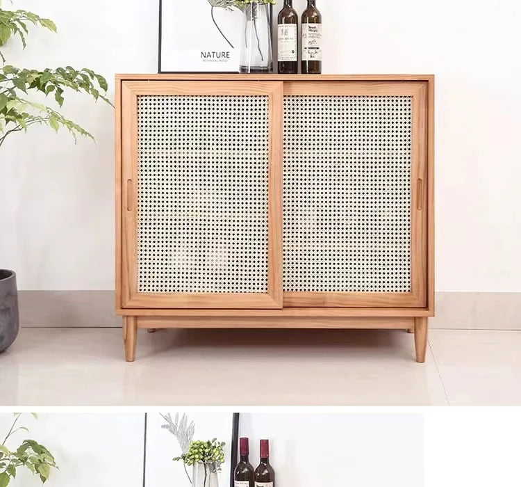 Nordic solid wood rattan dining side cabinet, entrance cabinet, American locker, simple tea cabinet, multi-functiona