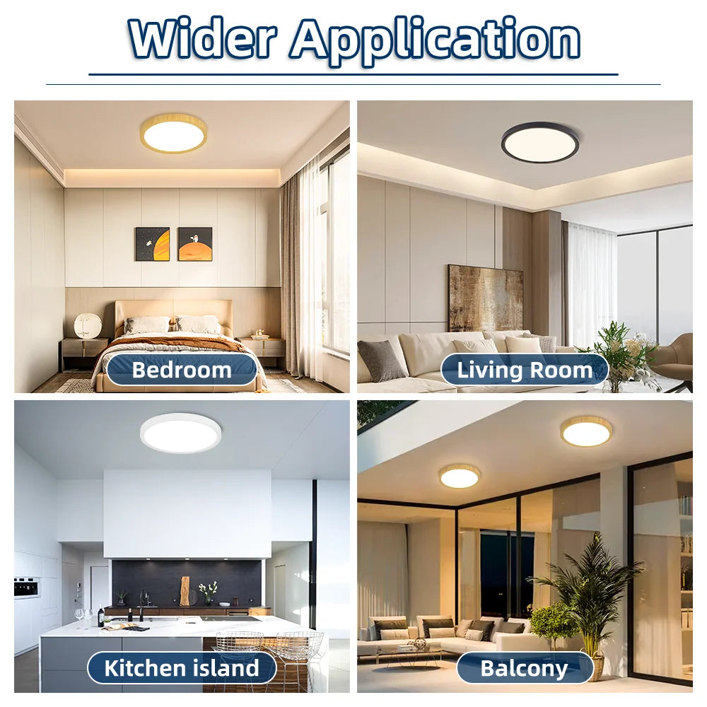 Lámpara de techo LED ultrafina de 2,2 cm, resistente al agua, 3 colores, con acabado de madera, para baño, dormitorio, sala de estar y hogar.