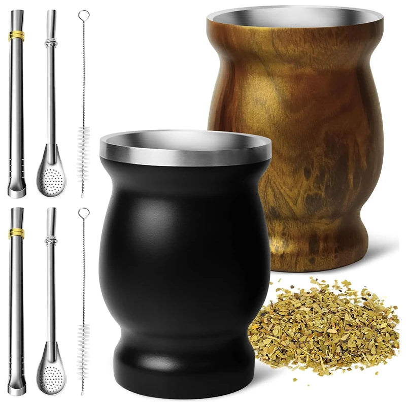 Juego de mate de acero inoxidable con doble pared, incluye 2 bombillas, una calabaza para mate con pajita y un cepillo de limpieza.