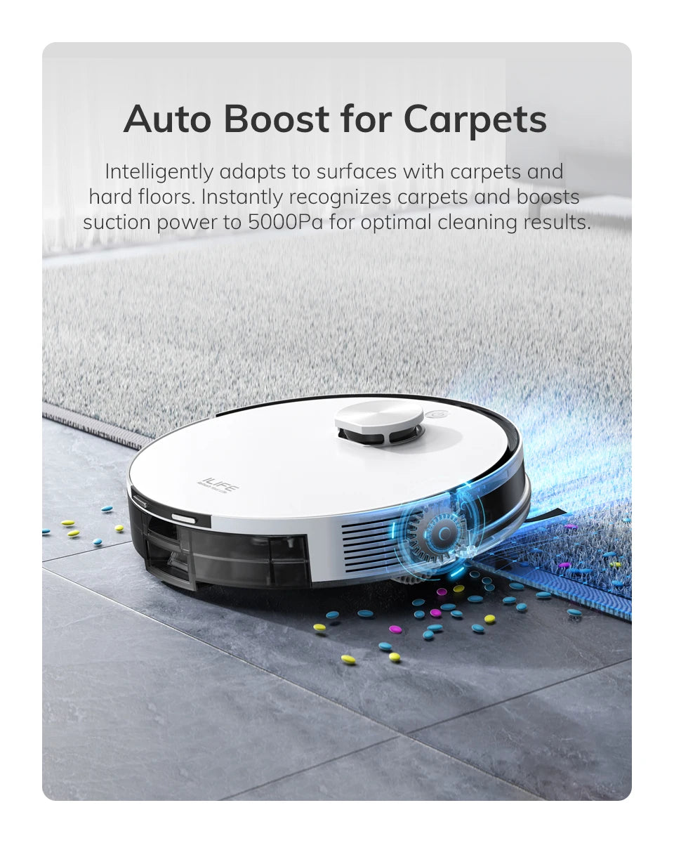 ILIFE A30 PRO, aspiradora y fregona robot con potencia de succión de 5000 Pa, vaciado automático, capacidad para 60 días, control por aplicación/mando a distancia, autonomía de 180 minutos.