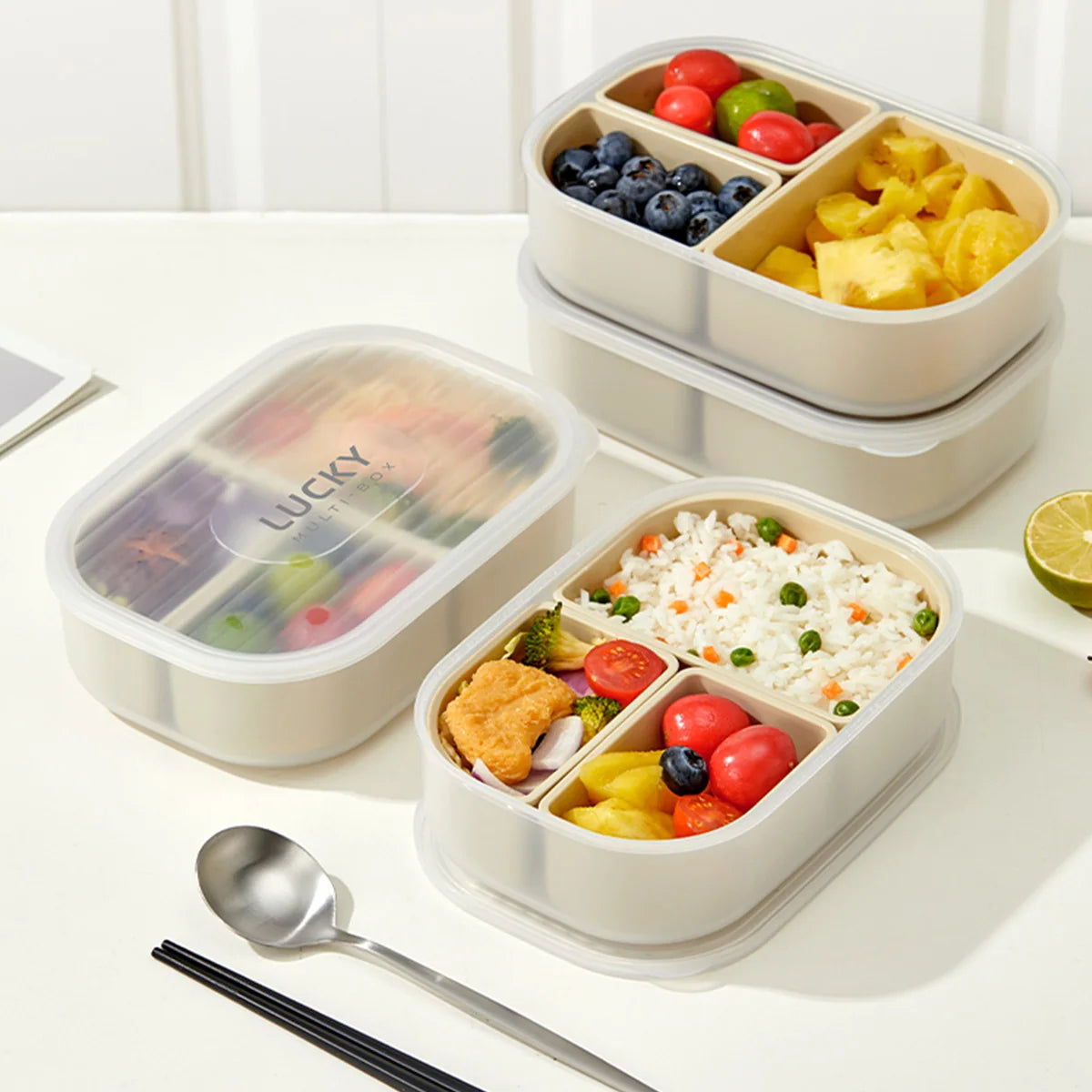 WORTHBUY Tupper de Almuerzo de Plástico para Microondas con 3 Rejillas, Caja Bento de Frutas Portátil y Desmontable, Contenedor de Comida Apilable para Escuela y Oficina