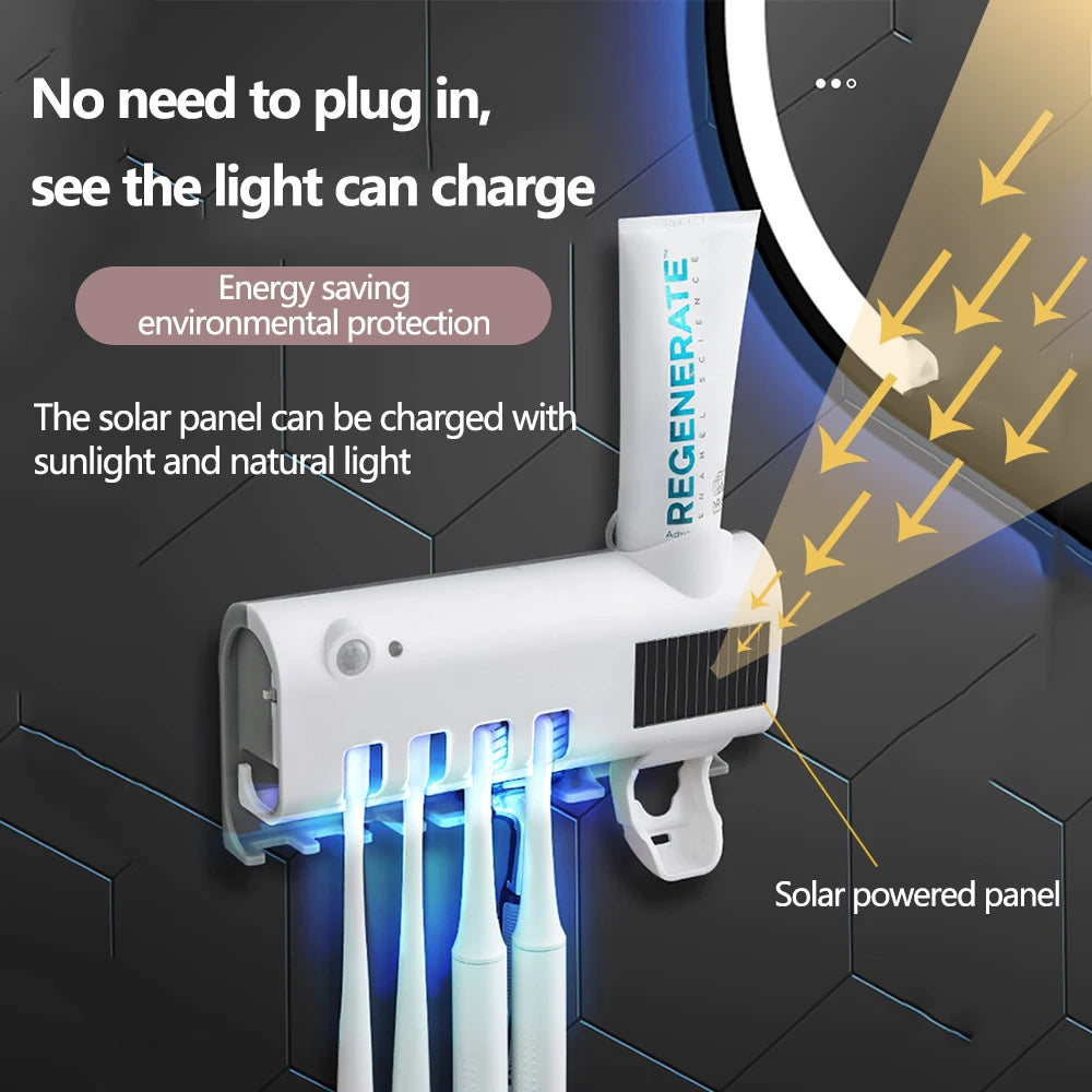 Soporte para cepillos de dientes, dispensador de pasta de dientes, energía solar, caja de almacenamiento para cepillos de dientes de baño, soporte de almacenamiento multifunción, carga USB.