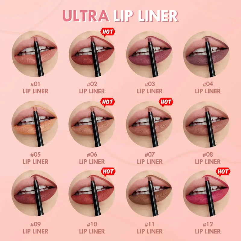 Lápiz delineador de labios mate resistente al agua, labial rojo con contorno, larga duración, no se transfiere, hidratante para labios, maquillaje, 12 colores.