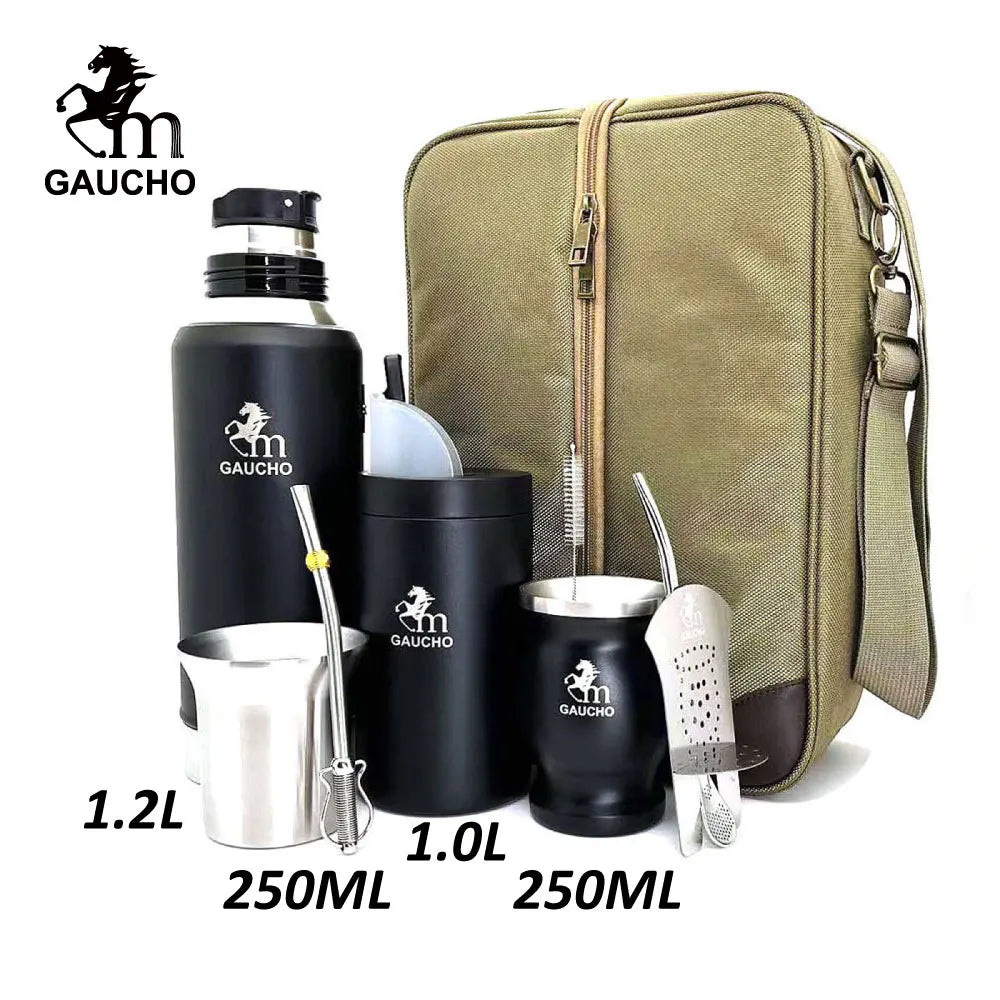 1 juego/lote de kits de viaje de yerba mate Gaucho que incluyen termo de acero inoxidable, taza de calabaza, bombilla, pajita, lata de té y separador de filtro.