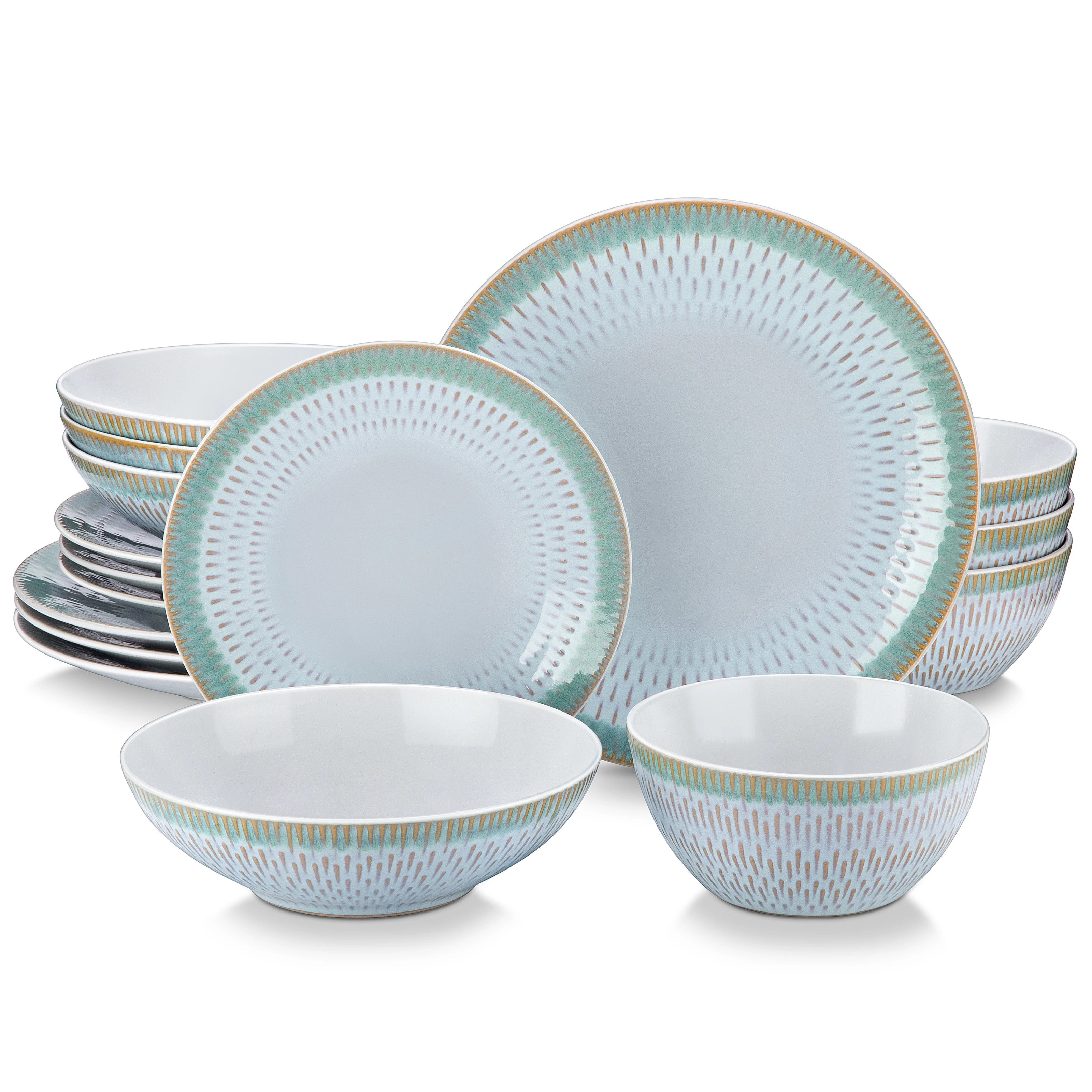 Juego de vajilla de cerámica verde repujada MALACASA de 16 piezas, que incluye platos llanos, platos de postre, cuencos para sopa y tazas, para 4 personas.