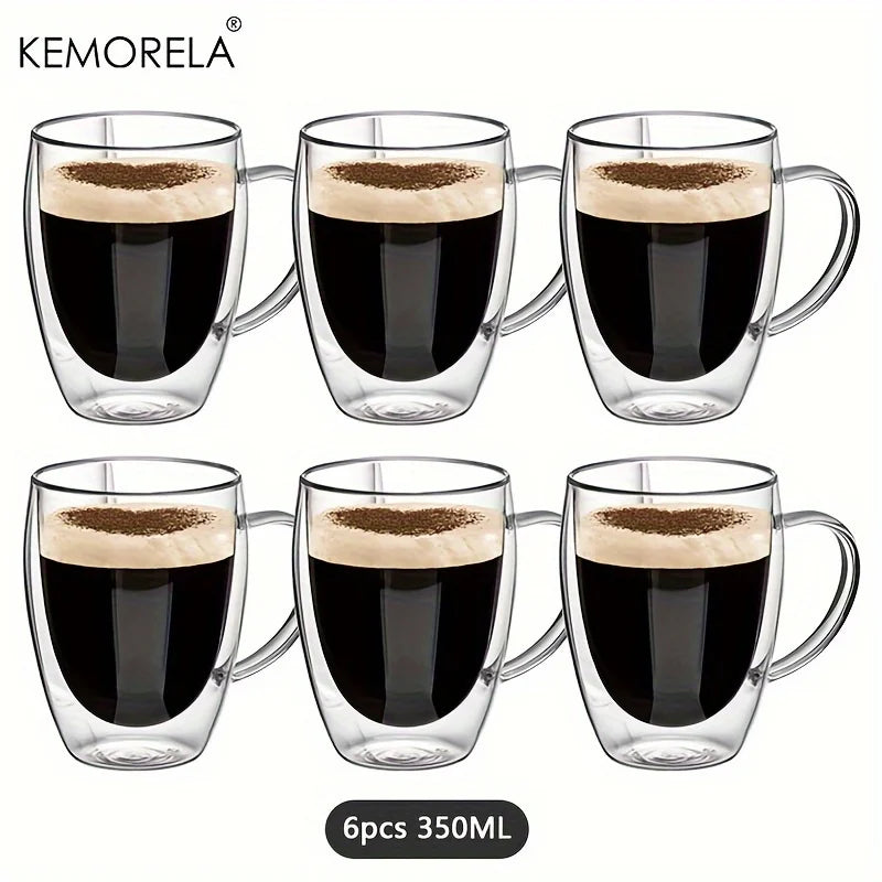 2/4/6 unidades Taza de café de vidrio de doble pared de 350 ml con asa Taza de capuchino de vidrio transparente Taza de café, té con leche, jugo y té