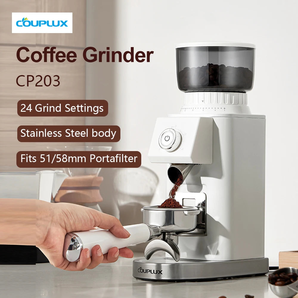 Molinillo de café Couplux, molinillo de granos de café para uso doméstico con molienda precisa, soporte con embudo desmontable (220 V)