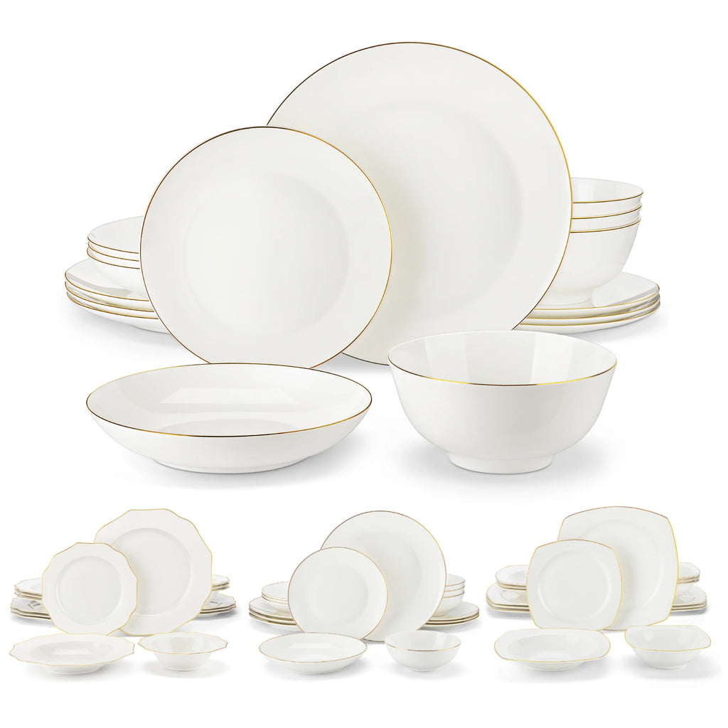 Juego de vajilla MALACASA de porcelana blanca con borde dorado, estilo nórdico europeo, de 16/32 piezas, con cuenco, plato llano, plato de postre y plato hondo para 4 personas.
