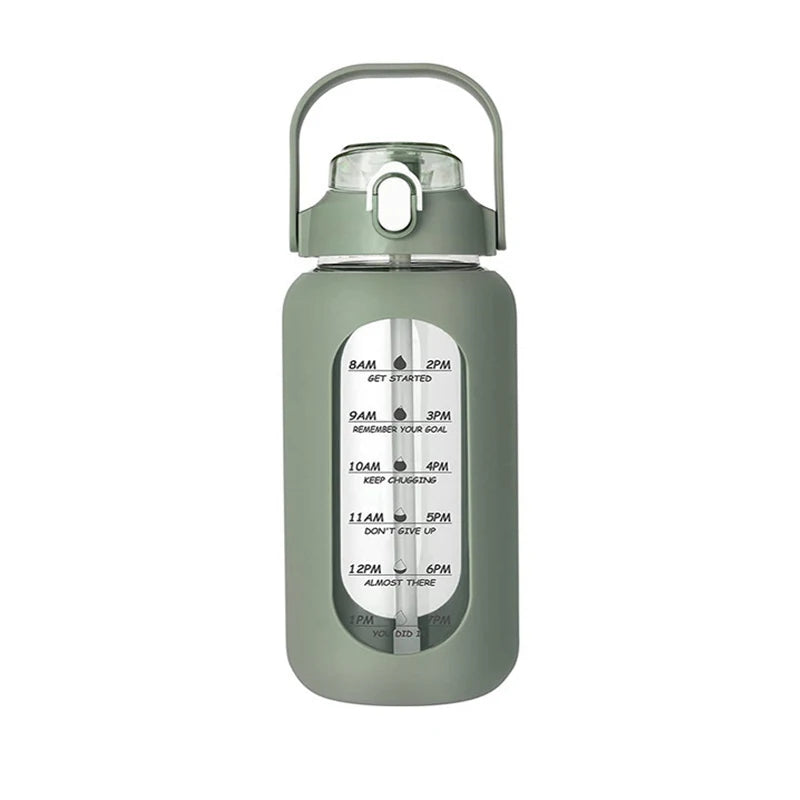 Botella de vidrio nueva de 946 ml/1656 ml/1892 ml (modelo 2024) con funda de silicona para pajita y marcador de tiempo. Ideal para camping, hogar, oficina y gimnasio.