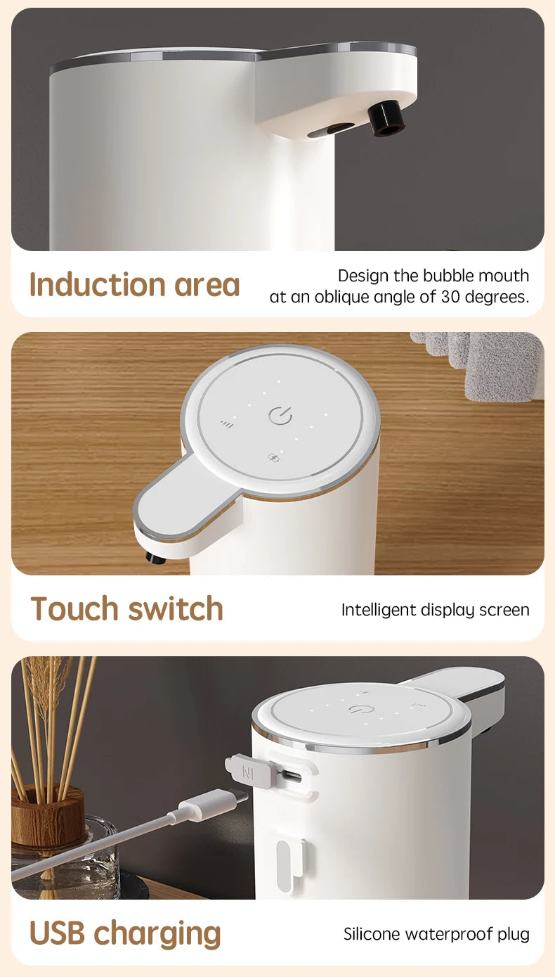 Dispensador automático de jabón HQ, accesorios de baño, dispensador automático de jabón líquido de 360 ml, tipo C, color blanco, 4 niveles de jabón en espuma.
