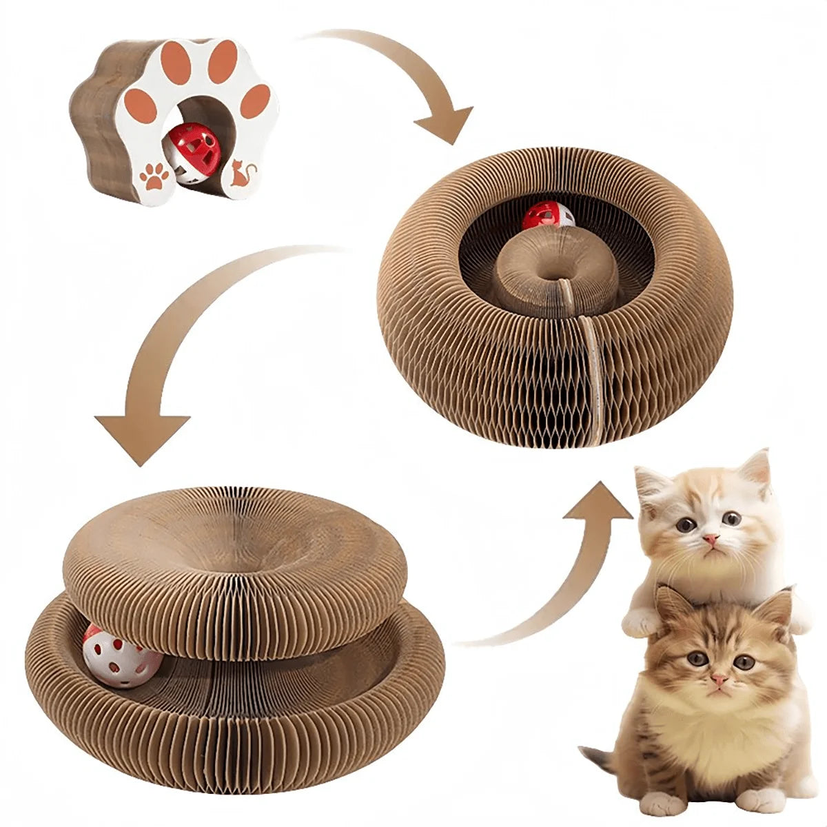 Rascador plegable para gatos con cascabel y hierba gatera - Juguete de cartón multinivel para gatitos, afilador de garras duradero