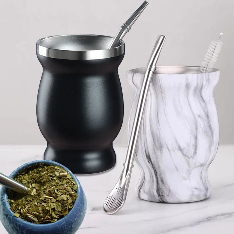 Mate de acero inoxidable 304 de doble pared de 237 ml (8 oz) con pajita, cuchara y cepillo de limpieza.