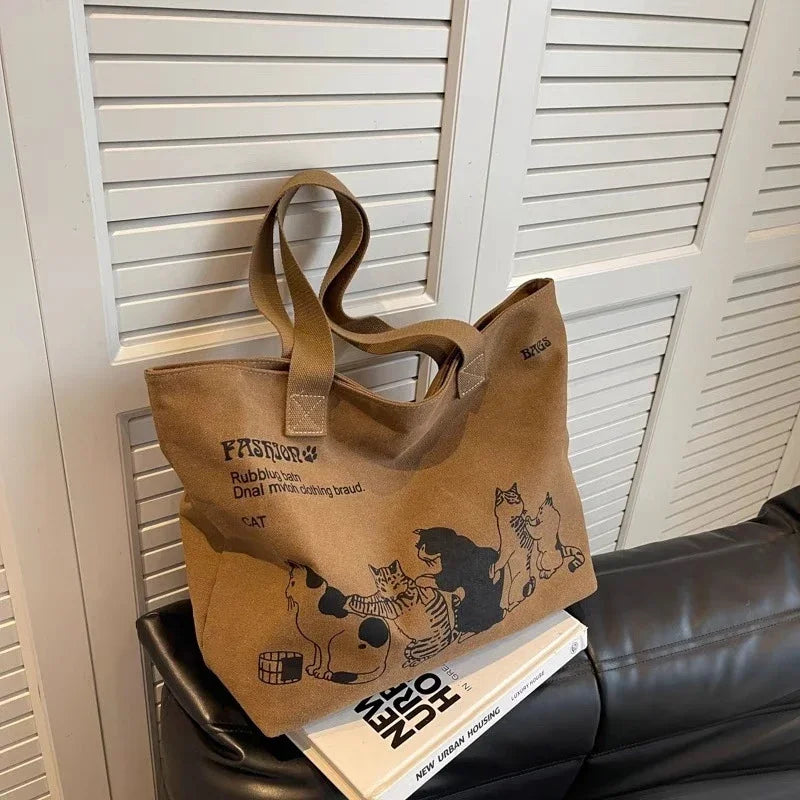 Bolsos de lona de gran capacidad, bolso de mano para mujer, bolso de hombro con estampado de gato anime y letras, bolso casual para niñas, bolso de viaje portátil grande.