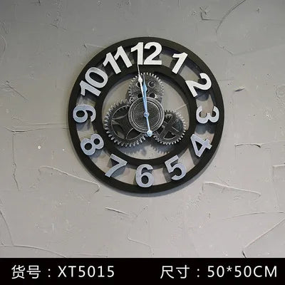 Reloj de pared vintage con engranajes, estilo industrial, de madera y metal, decoración rústica americana para bares o cafeterías.