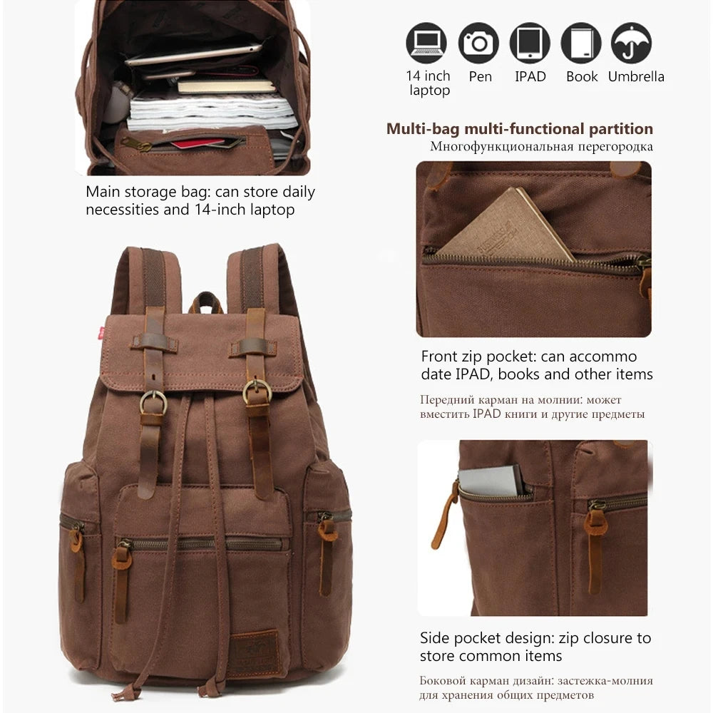 Mochila masculina retro de lona, apta para portátil de 14 pulgadas, mochila vintage de 36-55L resistente al desgaste, color café, envío por goteo