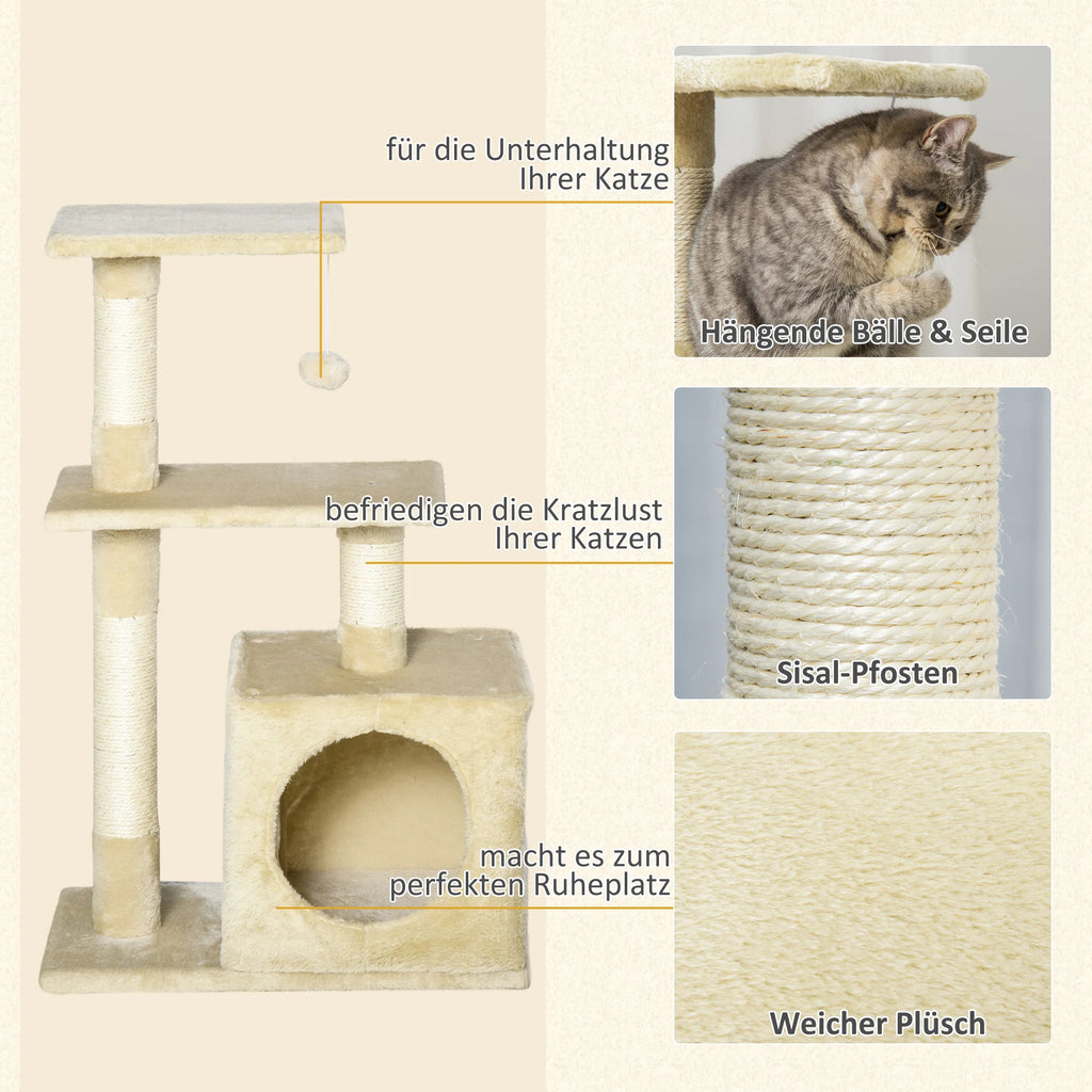Rascador PawHut con sisal, muebles para gatos con juguetes de peluche, color beige, altura 81,5 cm.