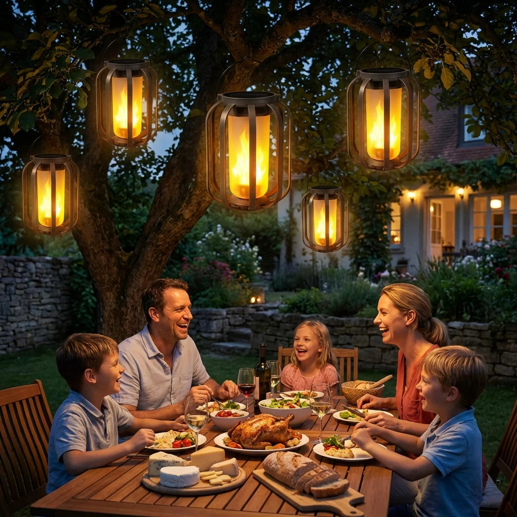Faroles solares con luz de llama parpadeante, luces solares para jardín, escritorio, camping, impermeables, colgantes, patio y jardín.