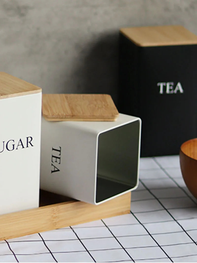 Recipiente para granos de café con tapa de bambú, estilo sencillo, tarros de metal para té, café y azúcar, lata de té, utensilios de cocina.